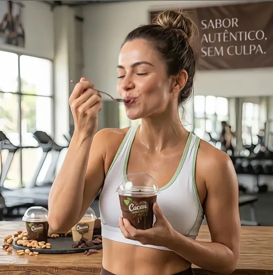 Mulher degustando Cacau sem Culpa na academia